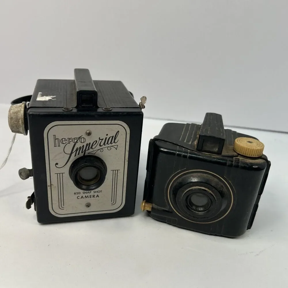 Vintage Art Deco Box Camera Lot Herco Imperial 620 & Antique Falcon Miniature